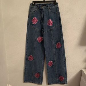Embroidered Rose Dark Blue Jeans
